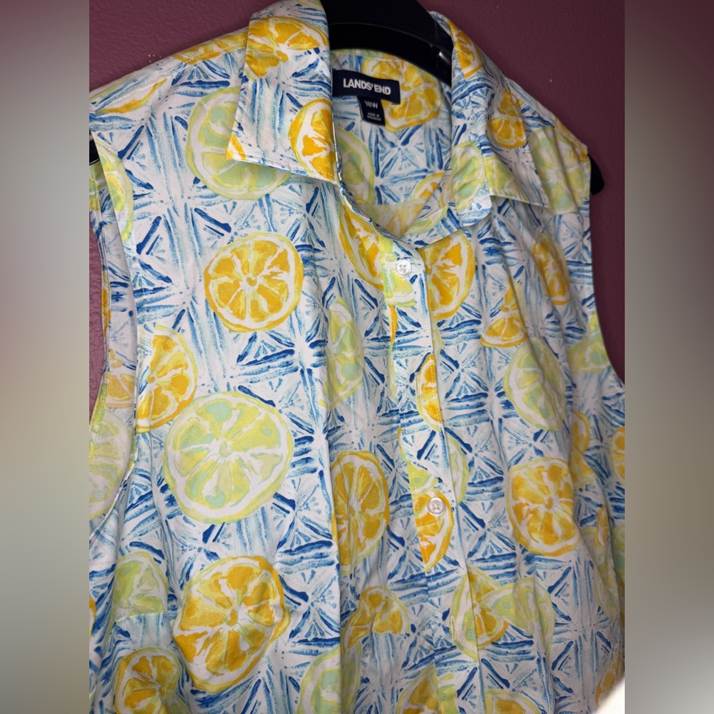 Lands’ End | Sleeveless Women Button-up Lemon Limes Summer Fun Blouse